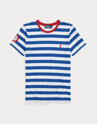 a striped t shirt from ralph lauren in front of a plain backdrop