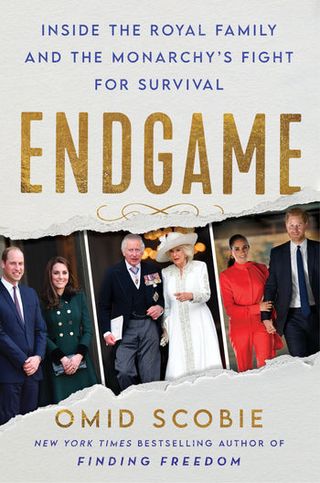 endgame by omid scobie book cover with a torn photo across the front and photos of the queen harry and william