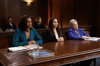 Skye P. Marshall as “Olympia Lawrence”, Yael Grobglas as “Shae”, Danielle Larracuente as "Alex", and Kathy Bates as “Madeline Matlock”, sitting in a courtroom, in 'Matlock.'