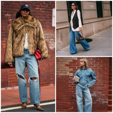 Street style collage of women showing how to wear baggy jeans at Fashion Week