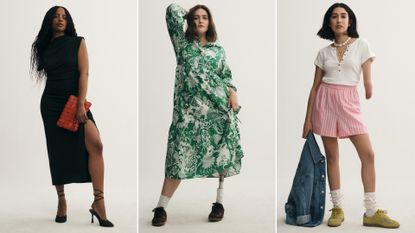 three women model anthropologie&#039;s adaptive clothing while standing in front of a plain backdrop