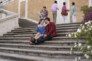 Lily Collins as Emily, Eugenio Franceschini as Marcello in episode 409 of Emily in Paris.