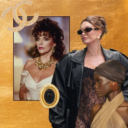 A collage on a gold background of Joan Collins, Hailey Bieber, a model from Saint Laurent Fall 2024 with 80s jewelry trends