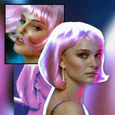 a collage of photos of natalie portman in the movie closer wearing a pink wig