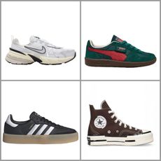 Split image of Nike V2k Run Sneakers, Puma Palermo Casual Shoes, adidas Originals Sambae Sneakers, Chuck 70 Plus Distorted High Sneakers on white background with grey borders