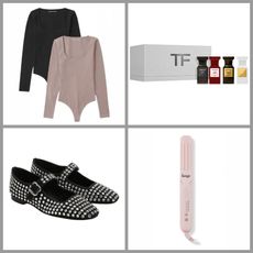 product collage of Abercrombie 2-Pack Long-Sleeve Cotton-Blend Seamless Fabric Squareneck Bodysuits, Tom Ford Private Blends 4-Piece Discovery Set, L'ange Le Duo 360 Airflow Styler, Sam Edelman Michaela Gem Mary Jane Flats on white background with grey border