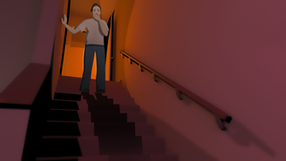 An animated image of a man holding his hand in front of his face as he looks down a flight of stairs, from 'Worst Ex Ever.'