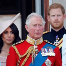 Meghan, Duchess of Sussex, Prince Charles, Prince of Wales and Prince Harry, Duke of Sussex stand on the balcony of Buckingham Palace during Trooping The Colour 2018 on June 9, 2018 in London, England.