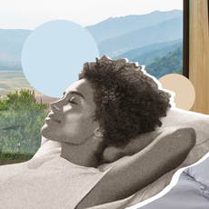 A collage art of a woman resting on a pillow with her eyes closed. The background image is a beautiful resort bedroom with an amazing view of the mountains.