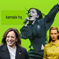 Brat green graphic featuring Kamala Harris, Charli XCX, Kate Moss in Prada runway, and a model from Alexander McQueen Fall 2024