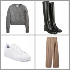 image collage of Franco Sarto Giselle Knee High Boots, Gap 365 High Rise Pleated Trousers, Adidas Grand Court 2.0 Sneakers, J.Crew Cashmere Shrunken Crewneck Sweater on white background with grey border 