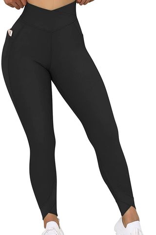 MOOSLOVER Women V Cross Waist Butt Lifting Leggings with Pockets High Waisted Yoga Pants