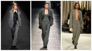 models wearing suits on the Fall 2024 runways of Alberta Ferretti, Scervino, and Schiaparelli