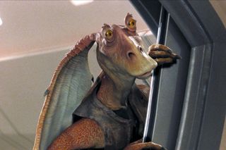 jar jar binks peeks around the corner in the star wars movie Phantom menace