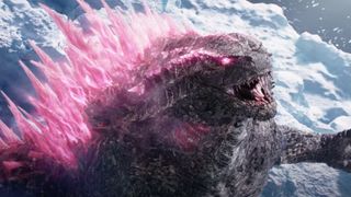 Godzilla x Kong The New Empire still of a monster with pink spikes on its back in the snow