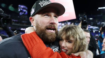 Travis Kelce and Taylor Swift hug after Kansas City Chiefs AFC Championship win in 2024.