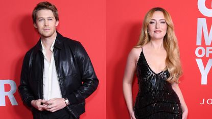 Joe Alwyn in a white shirt and black leather jacket and British comedian and presenter Amelia Dimoldenberg in a black gown at the GQ Men Of The Year Awards in London.