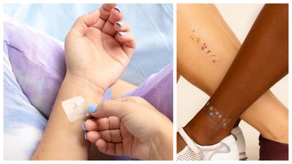 vitamin stickers on a wrist and two women&#039;s legs