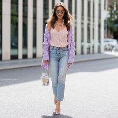 Clothing, Jeans, Pink, Street fashion, Denim, Fashion, Blazer, Footwear, Waist, Shoe, 