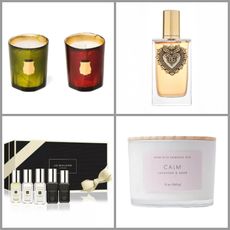 product collage of Jo Malone London 5-Pc. Cologne Discovery Gift Set, Dolce & Gabbana Devotion Eau De Parfum, Threshold Wood Lidded Glass Wellness Calm Candle, and Trudon Astral Gabriel and Gloria Scented Candles on white background with grey border