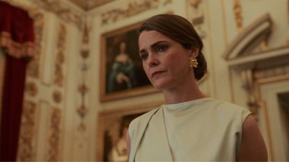 Keri Russell as Kate Wyler, standing in an opulent English mansion, in &#039;The Diplomat&#039;