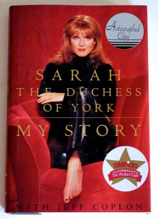 my story by sarah ferguson book cover with a photo of the duchess of york on a red chair