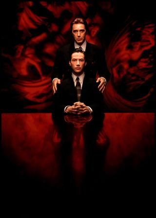 a poster for the movie The devil's advocate with al pacino standing behind keanu reeves