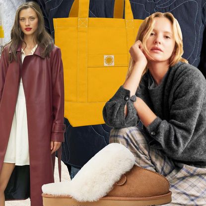 a collage of holiday gifts (sweaters, jackets, cosmetics, tote bags).