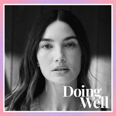 Black and white Lily Aldridge headshot next to doing well text on a pink and purple background