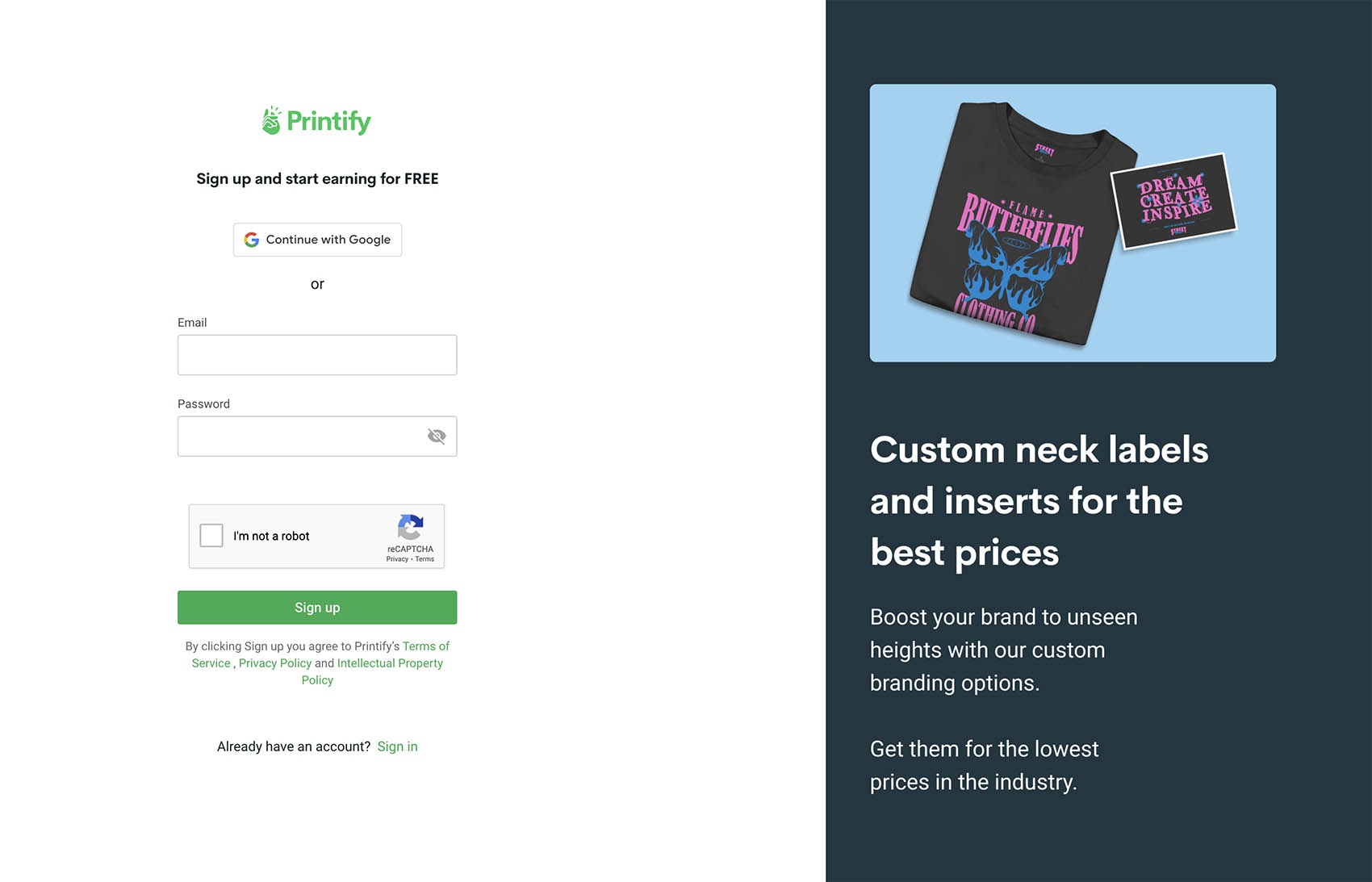 Printify signup process