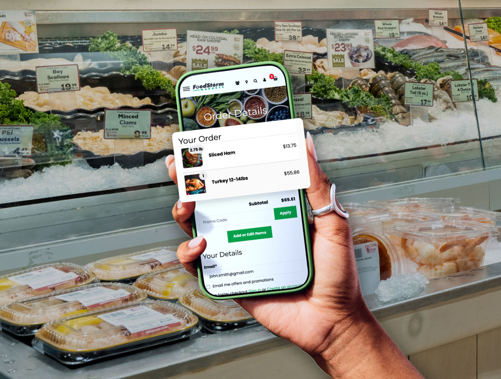 mobile UI showcasing FoodStorm functionality with the photo of meat and fish counter on the background