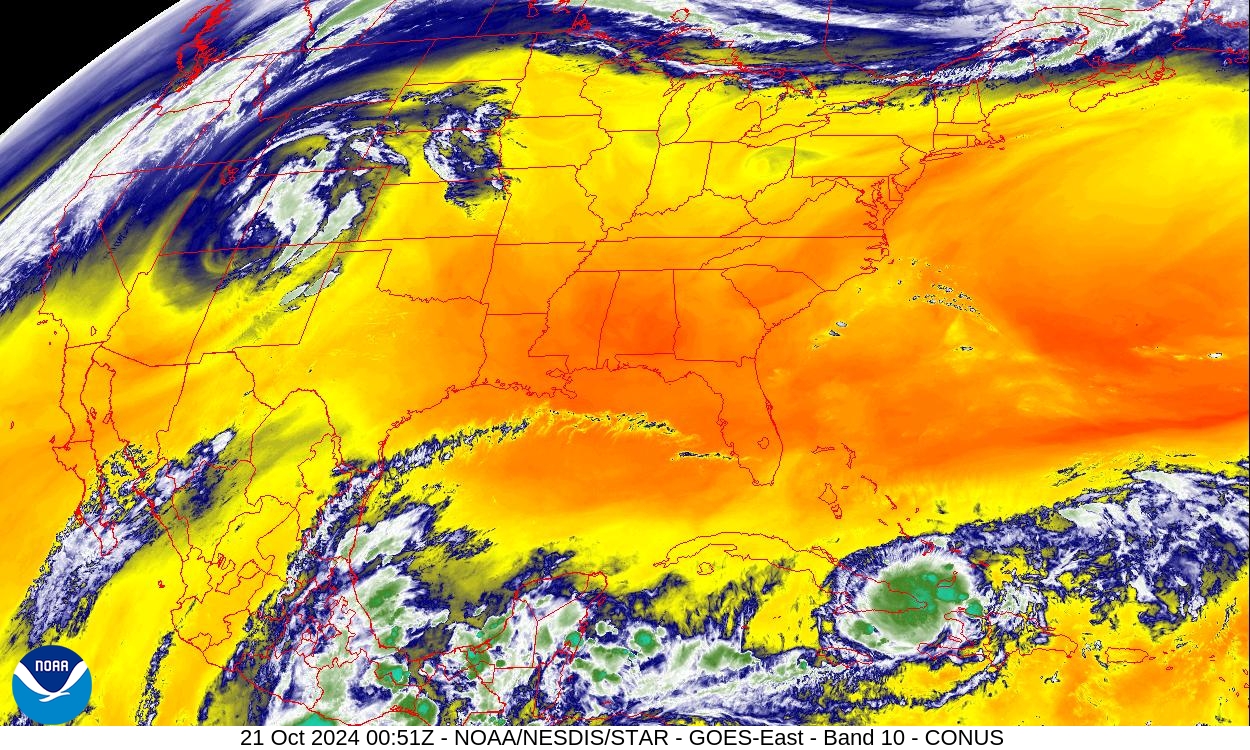 Band 10 - 7.3 µm - Lower-level Water Vapor - IR - 21 Oct 2024 - 0051 UTC