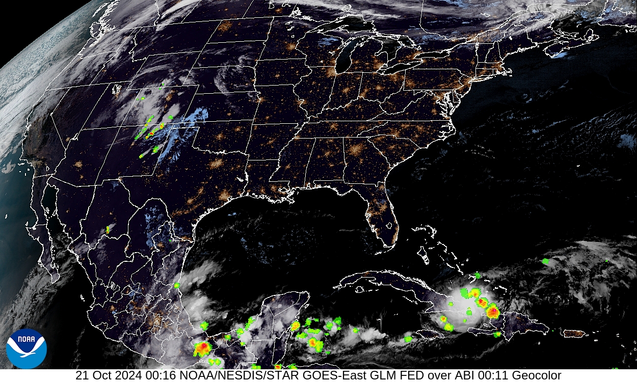 Geostationary Lightning Mapper - Lightning flash extent over GeoColor - 21 Oct 2024 - 0016 UTC