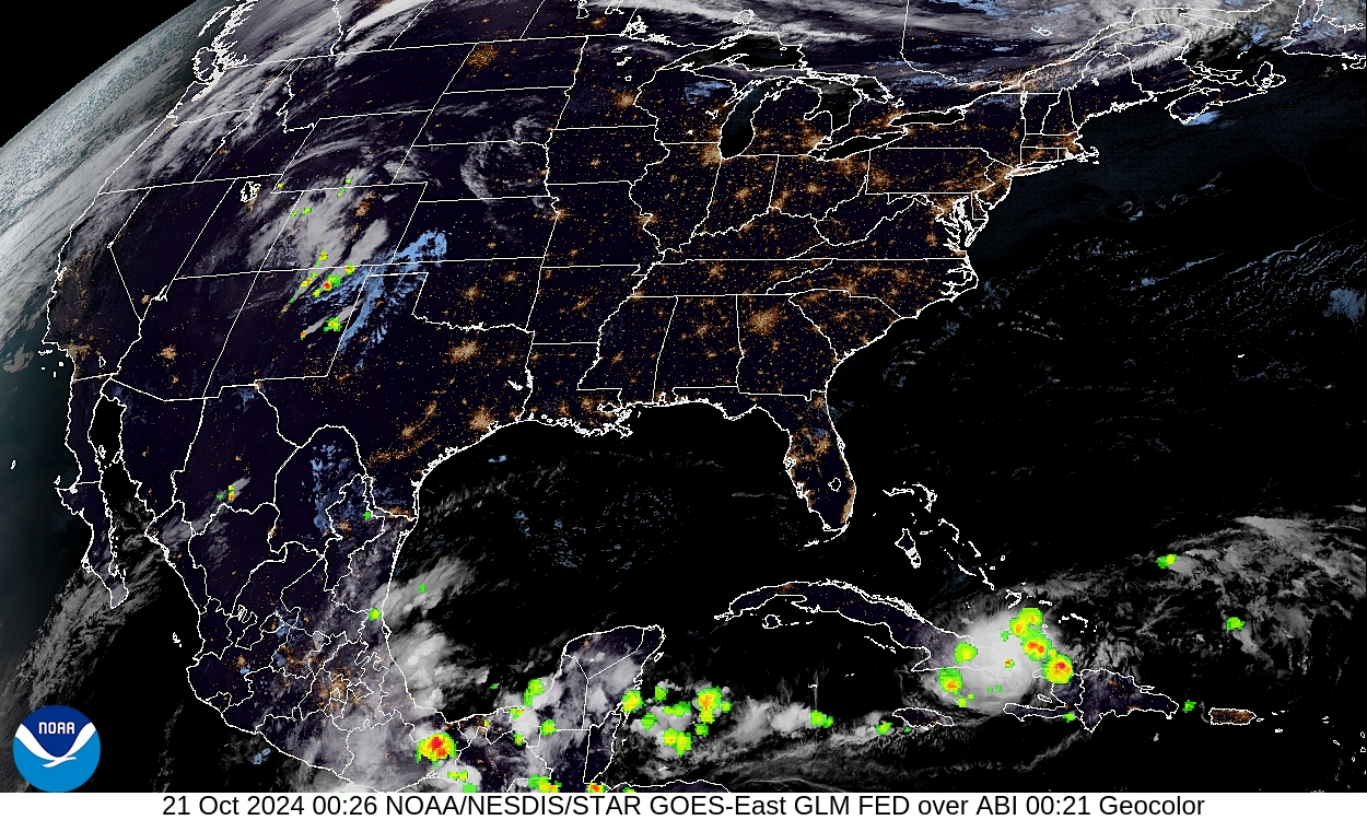 Geostationary Lightning Mapper - Lightning flash extent over GeoColor - 21 Oct 2024 - 0026 UTC