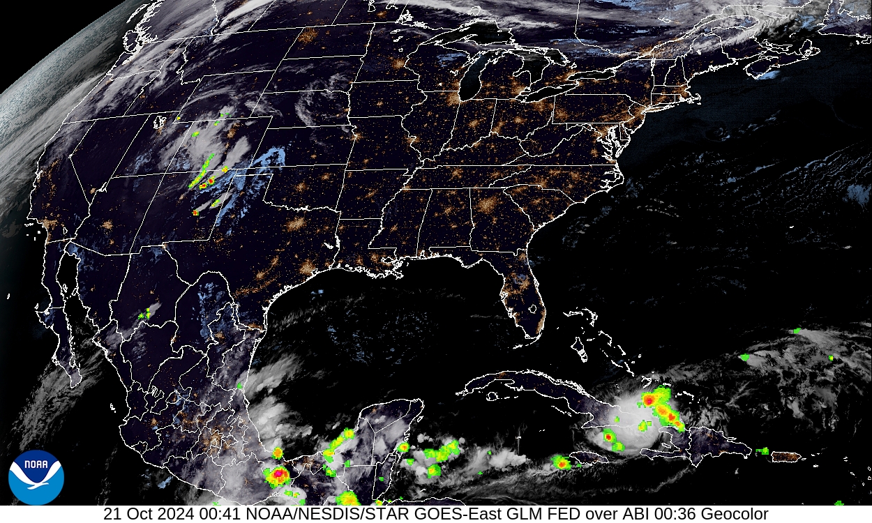 Geostationary Lightning Mapper - Lightning flash extent over GeoColor - 21 Oct 2024 - 0041 UTC