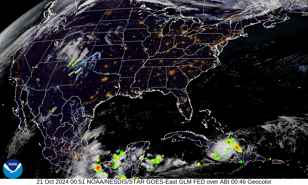 Geostationary Lightning Mapper - Lightning flash extent over GeoColor - 21 Oct 2024 - 0051 UTC