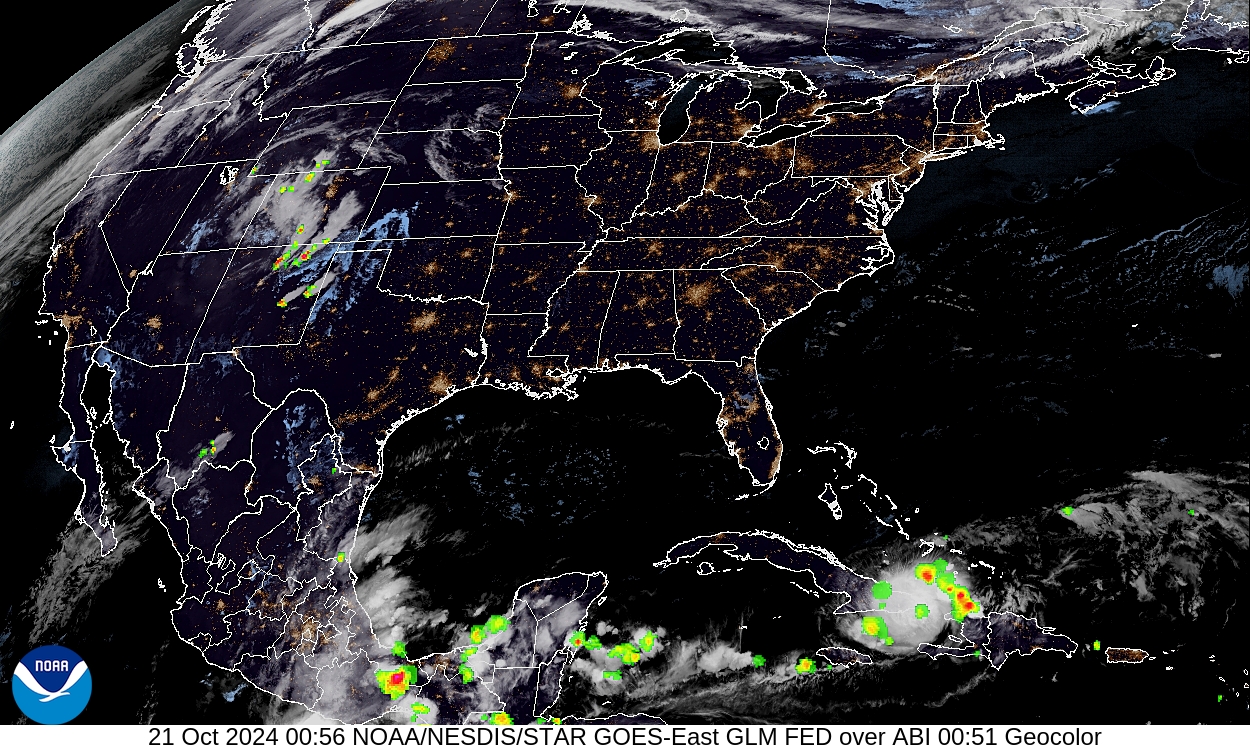 Geostationary Lightning Mapper - Lightning flash extent over GeoColor - 21 Oct 2024 - 0056 UTC