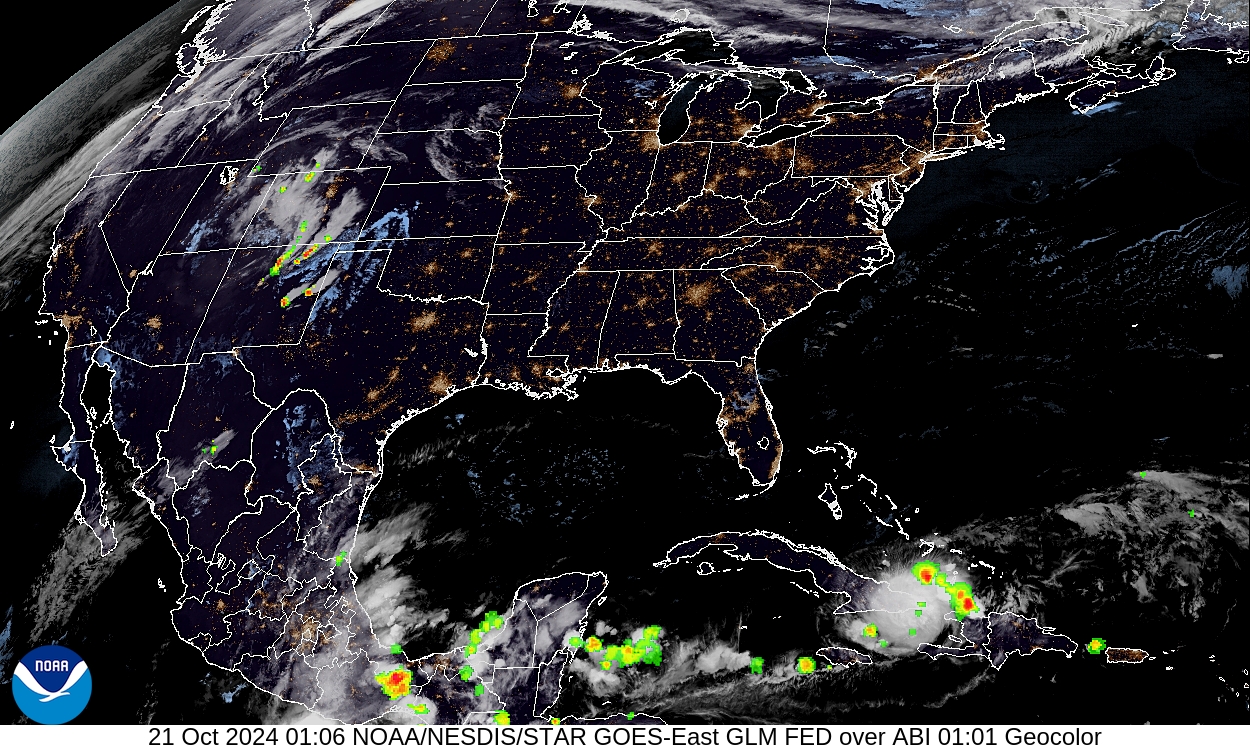 Geostationary Lightning Mapper - Lightning flash extent over GeoColor - 21 Oct 2024 - 0106 UTC