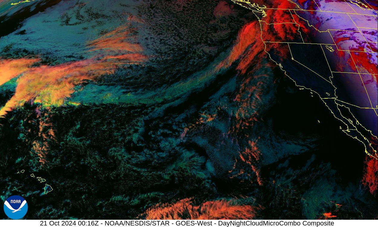 Day Cloud Phase / Night Microphysics - Day: show cloud-top phase; Night: distinguish clouds / fog - 21 Oct 2024 - 0016 UTC