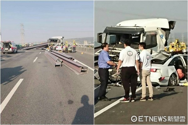 ▲▼國道3號北上189K、沙鹿段發生死亡車禍，拖板車爆胎衝對向車道，白色奧迪一家三口身亡。（圖／記者莊智勝翻攝）