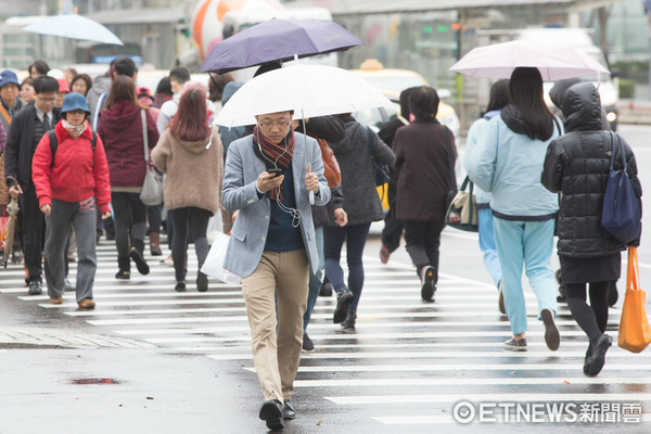 ▲滑手機,低頭族,下雨,溼冷,雨天,冬季,冬天,天氣,低溫,寒流,行人,過馬路,交通,斑馬線,路人（圖／記者季相儒攝）