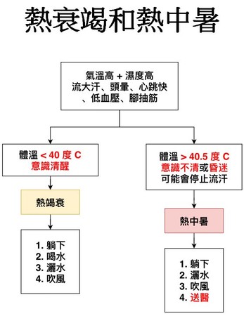 一張圖了解「熱衰竭、熱中暑」，急診醫教你最有效的散熱方法！（圖取自新光醫院急診粉絲團）