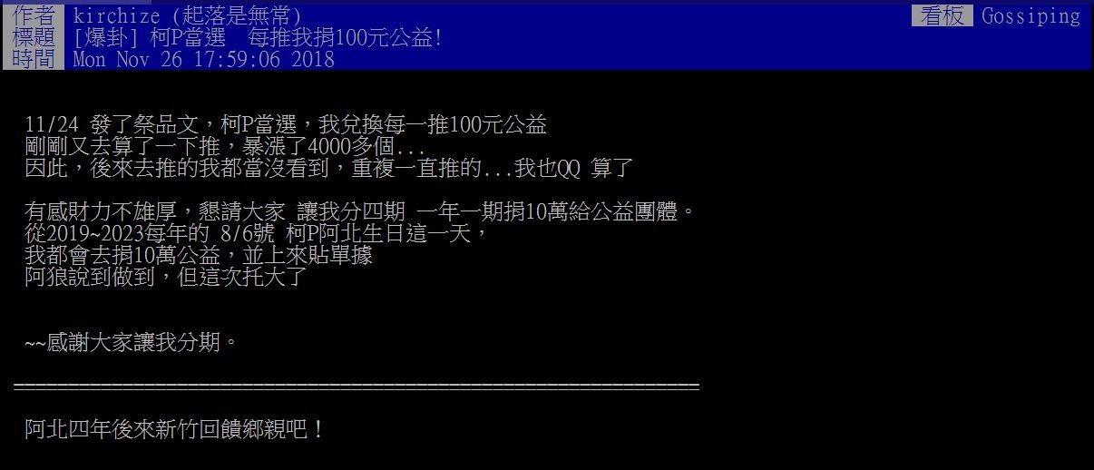 破40萬！柯文哲當選「1推捐100元」玩真的（圖／翻攝PTT）