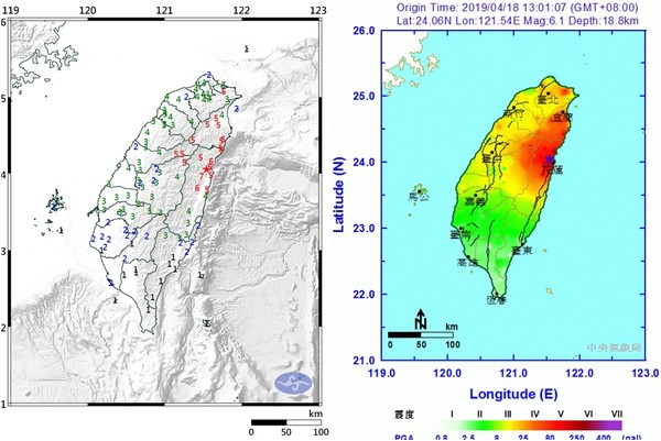 ▲▼花蓮6.1地震。（圖／中央氣象局）
