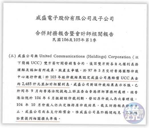 威盛電子因TF376防駭客晶片與中聯控股纏訟多年，正式財報中寫明將先認列賠償金248.5萬美元損失。（讀者提供）