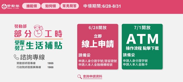 ▲▼勞動部推出的部分工時勞工紓困補貼28日上線。（圖／取自勞動部官網）