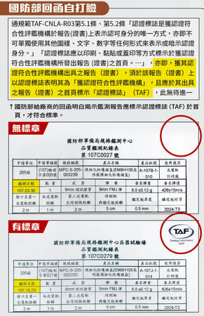 本刊掌握的鑑測報告顯示，軍備局2018年2月至8月間製造的抗彈板，皆未獲得TAF認證，直到同年10月中旬後製造的抗彈板，才有認證章。