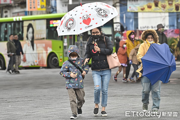 ▲▼行人,路人,低溫,口罩,寒流,冬天,下雨,雨天,濕冷,保暖,禦寒,羽絨衣,冬衣,冬季,東北季風,大陸冷氣團,降雨,撐傘,雨傘,氣象,降溫,天氣配圖。（圖／記者李毓康攝）