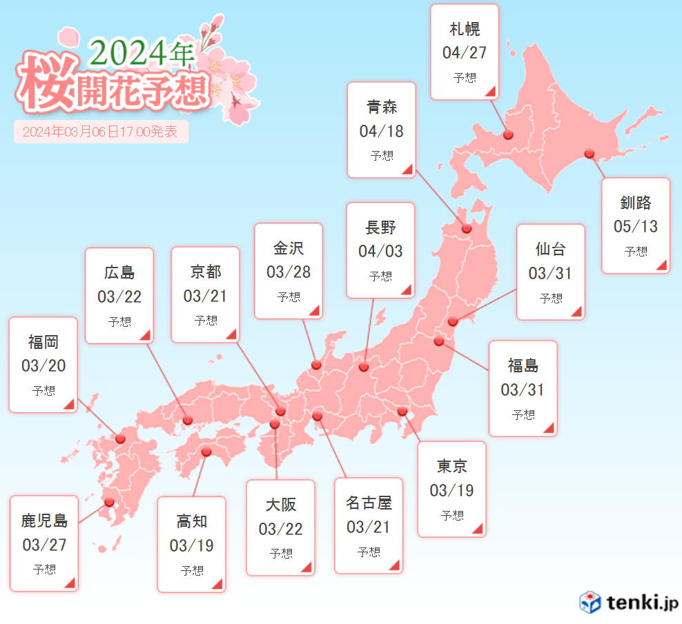 ▲▼ 日本氣象協會公布櫻花花期預測。（圖／翻攝自日本氣象協會網頁tenki.jp）