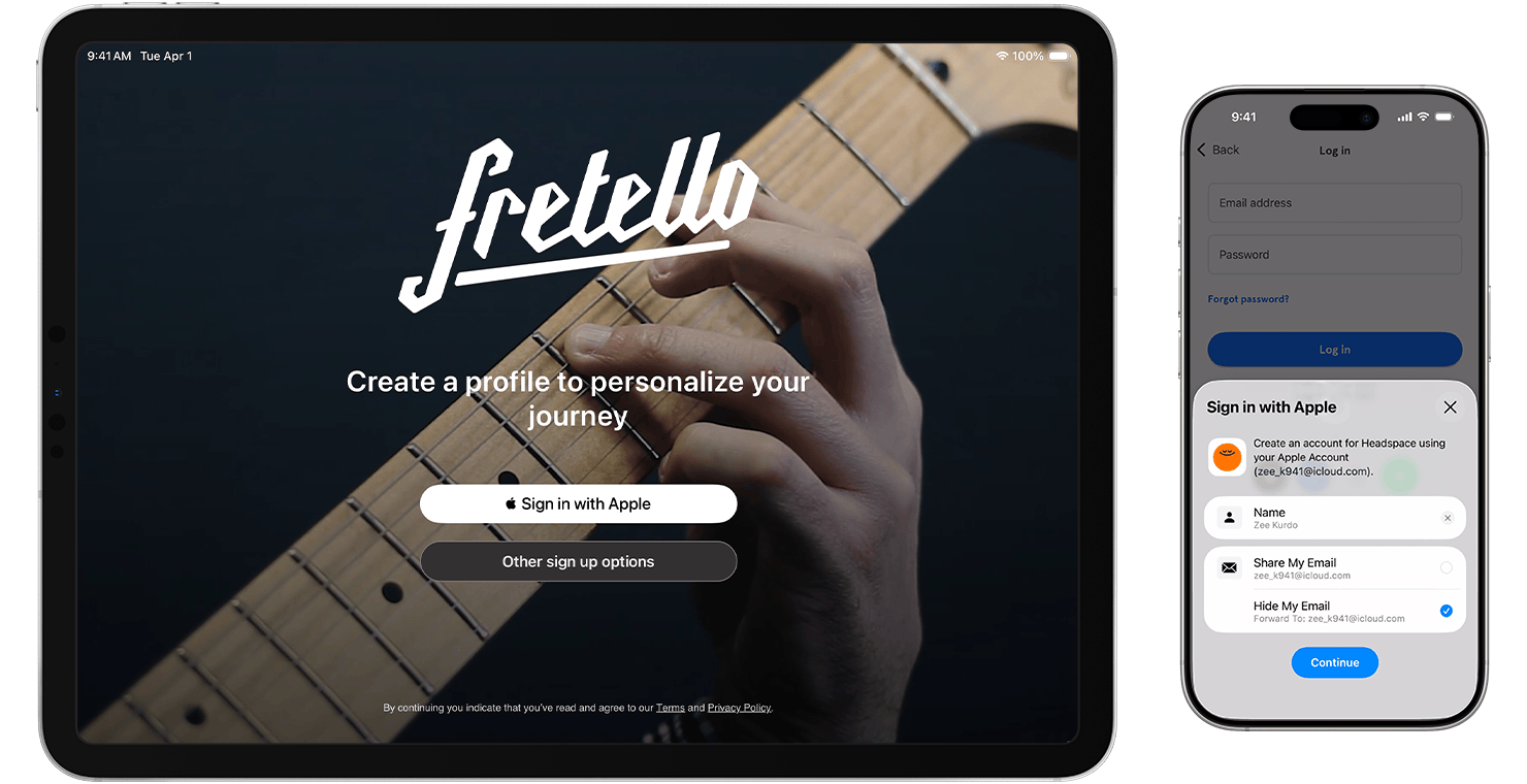 An iPad and iPhone showing the Sign in with Apple button in apps.